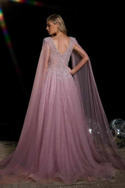 Dreamyannie A Line V Neck Prom Dress Beaded Sequined Cap Sleeves Floor Length Tulle Formal Dress