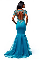 Dreamyannie Appliqued Blue Wedding Guest Dress Mermaid Long Formal Dress With Short Sleeves