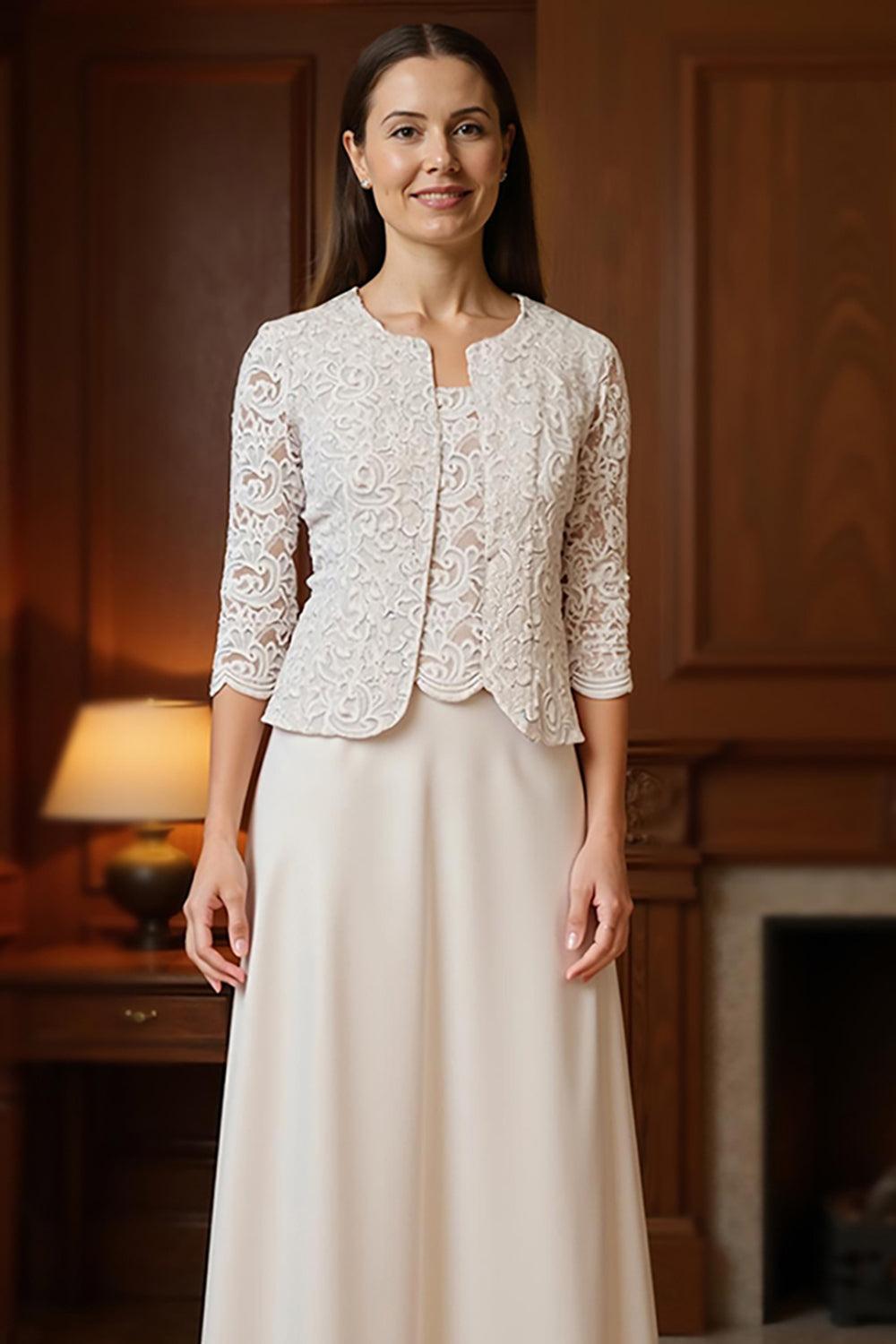 Dreamyannie Apricot Chiffon Square Neck Floor Length 3 Piece Mother Of The Bride Dress With Jacket