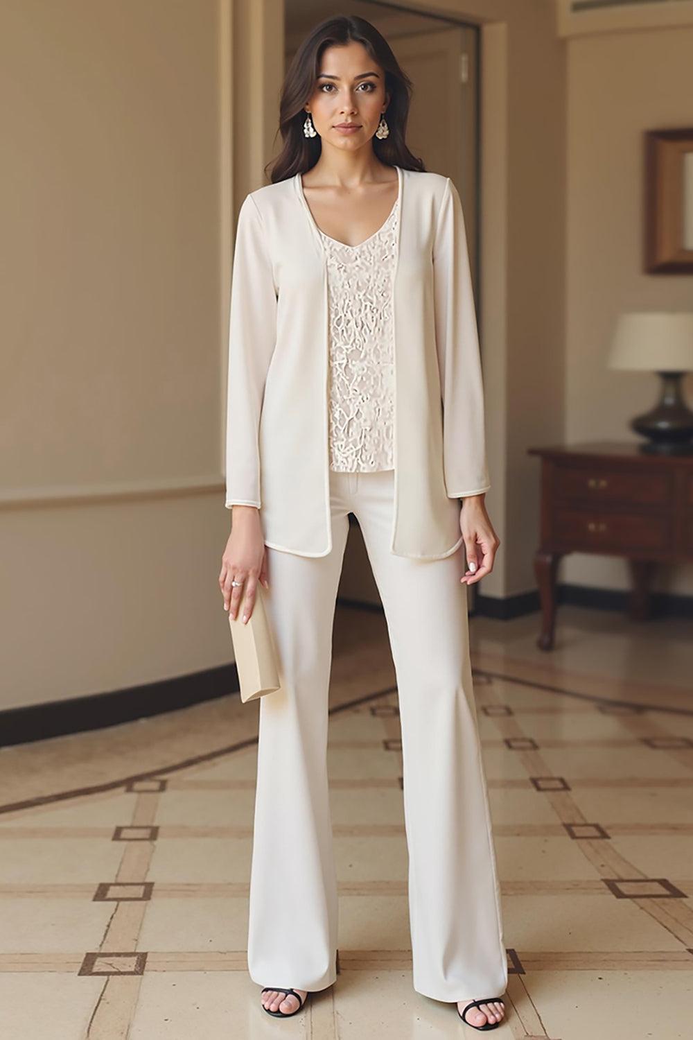 Dreamyannie Apricot Chiffon V Neck 3 Piece Mother Of The Bride Pant Suits With Jacket