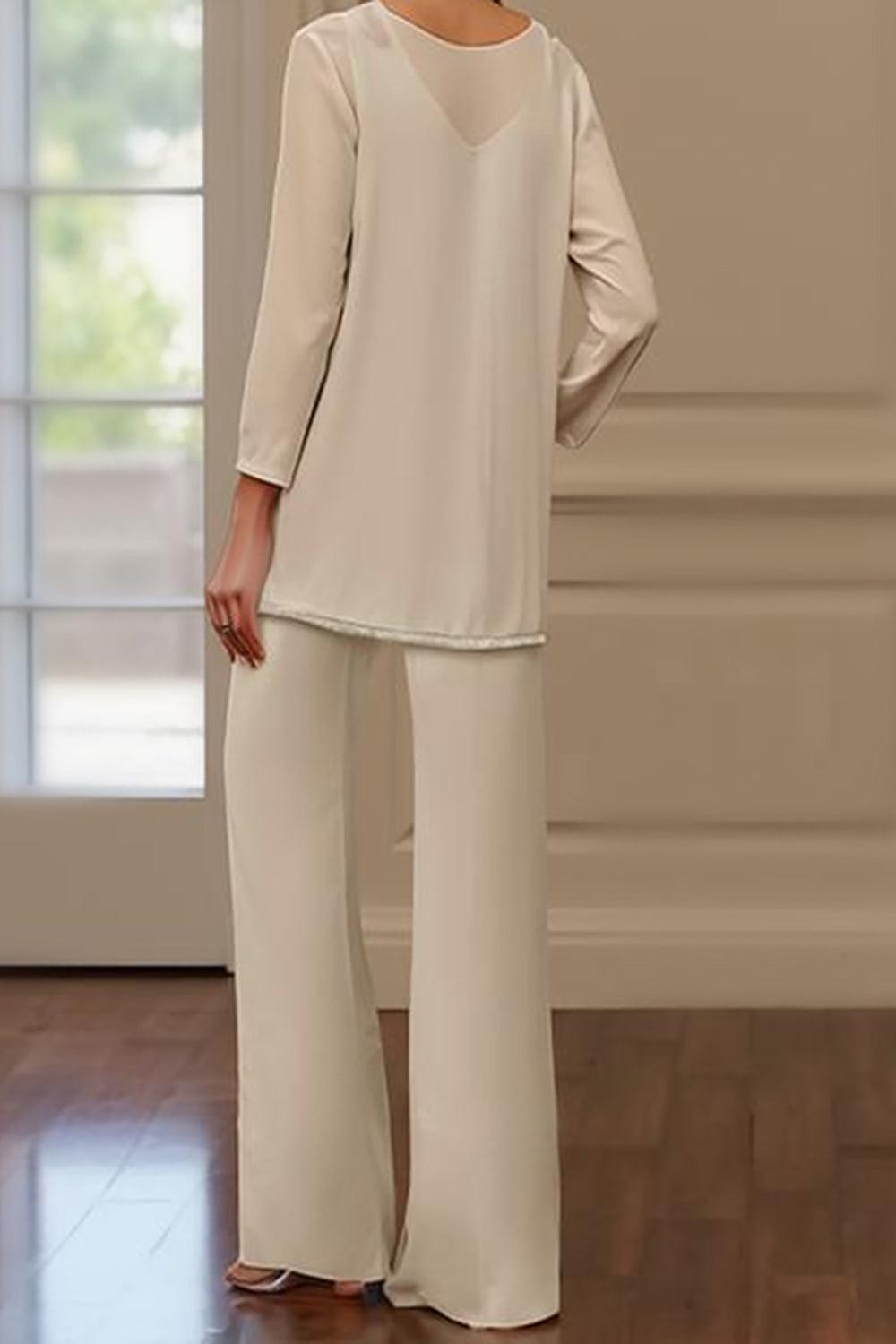Dreamyannie Apricot Chiffon V Neck 3 Piece Mother Of The Bride Pant Suits With Jacket