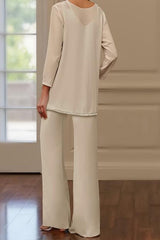 Dreamyannie Apricot Chiffon V Neck 3 Piece Mother Of The Bride Pant Suits With Jacket