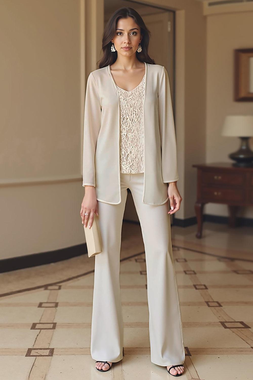 Dreamyannie Apricot Chiffon V Neck 3 Piece Mother Of The Bride Pant Suits With Jacket