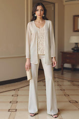 Dreamyannie Apricot Chiffon V Neck 3 Piece Mother Of The Bride Pant Suits With Jacket