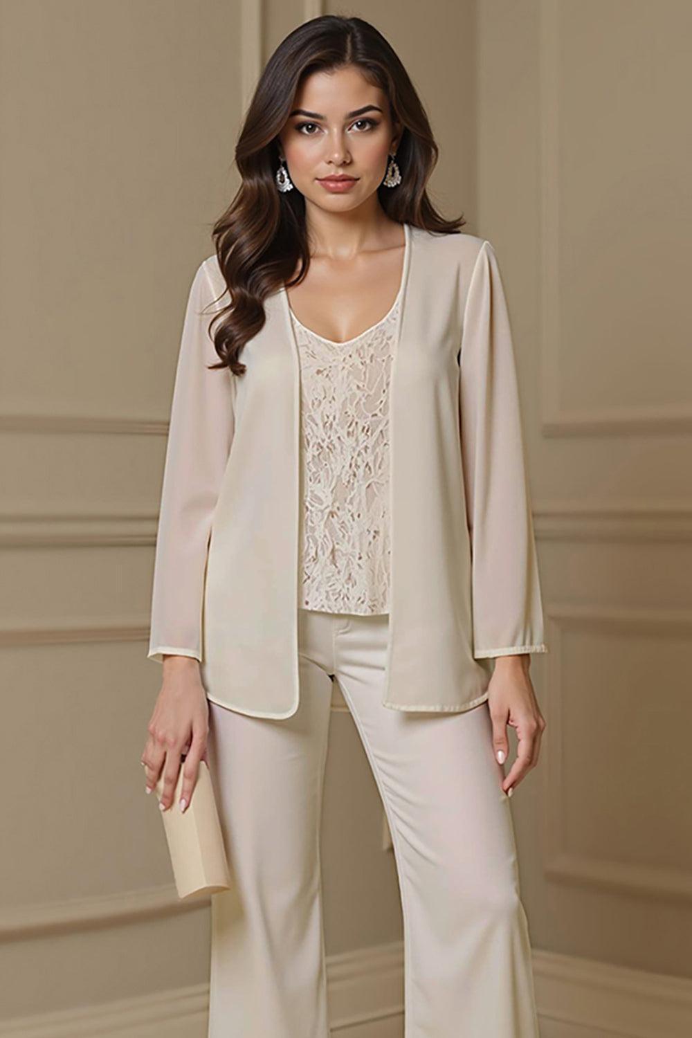 Dreamyannie Apricot Chiffon V Neck 3 Piece Mother Of The Bride Pant Suits With Jacket