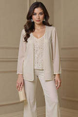 Dreamyannie Apricot Chiffon V Neck 3 Piece Mother Of The Bride Pant Suits With Jacket