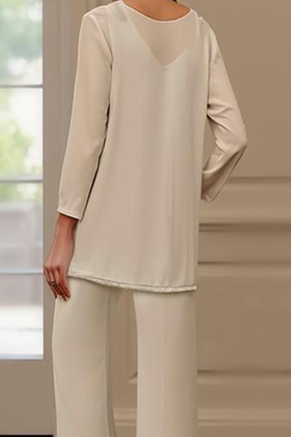 Dreamyannie Apricot Chiffon V Neck 3 Piece Mother Of The Bride Pant Suits With Jacket