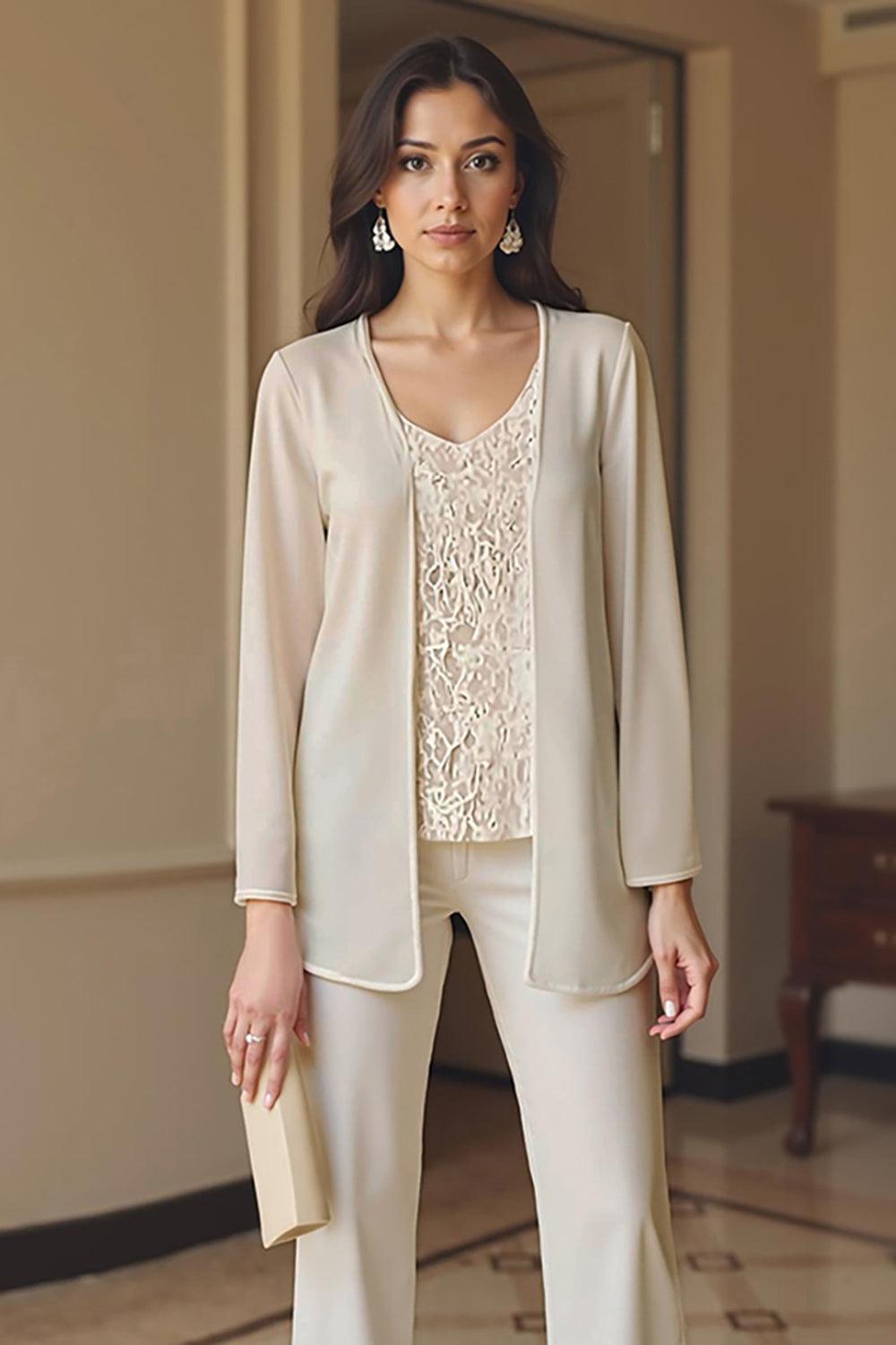 Dreamyannie Apricot Chiffon V Neck 3 Piece Mother Of The Bride Pant Suits With Jacket