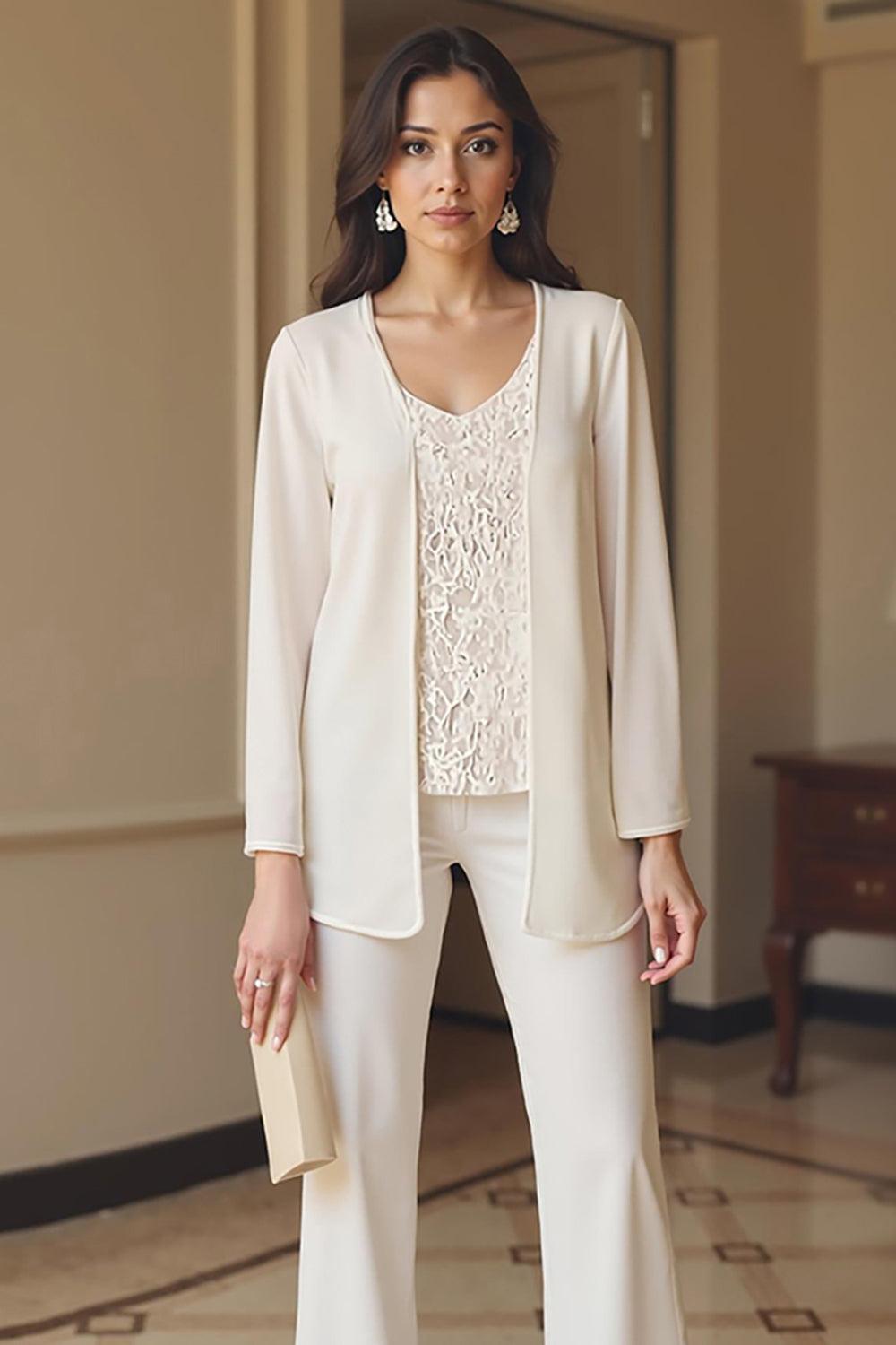Dreamyannie Apricot Chiffon V Neck 3 Piece Mother Of The Bride Pant Suits With Jacket