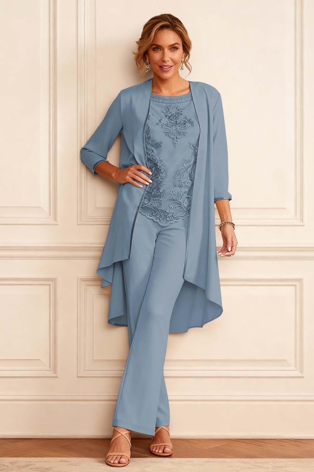 Dreamyannie Apricot Embroidered Round Neck 3 Piece Mother Of The Bride Pant Suits With Jacket