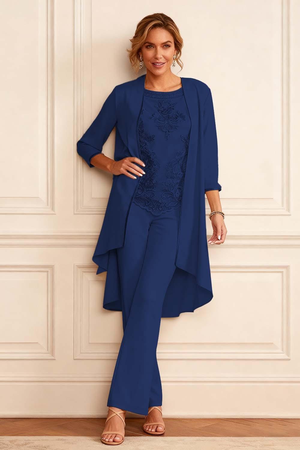 Dreamyannie Apricot Embroidered Round Neck 3 Piece Mother Of The Bride Pant Suits With Jacket