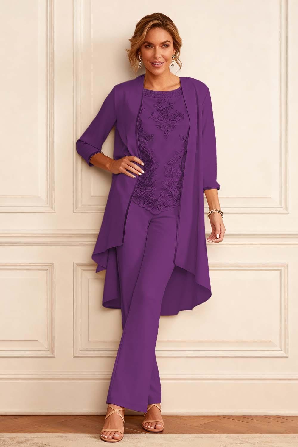 Dreamyannie Apricot Embroidered Round Neck 3 Piece Mother Of The Bride Pant Suits With Jacket