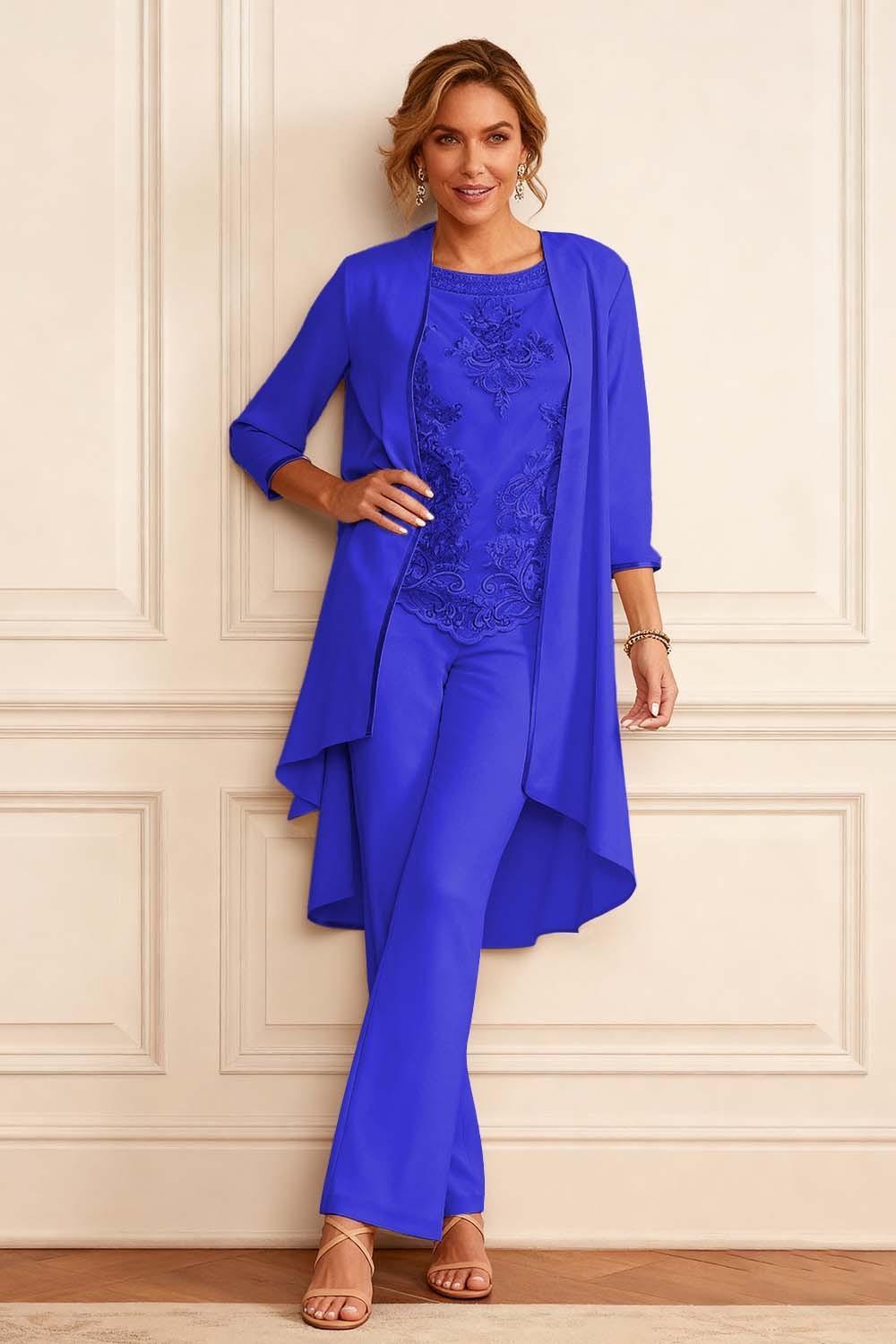 Dreamyannie Apricot Embroidered Round Neck 3 Piece Mother Of The Bride Pant Suits With Jacket