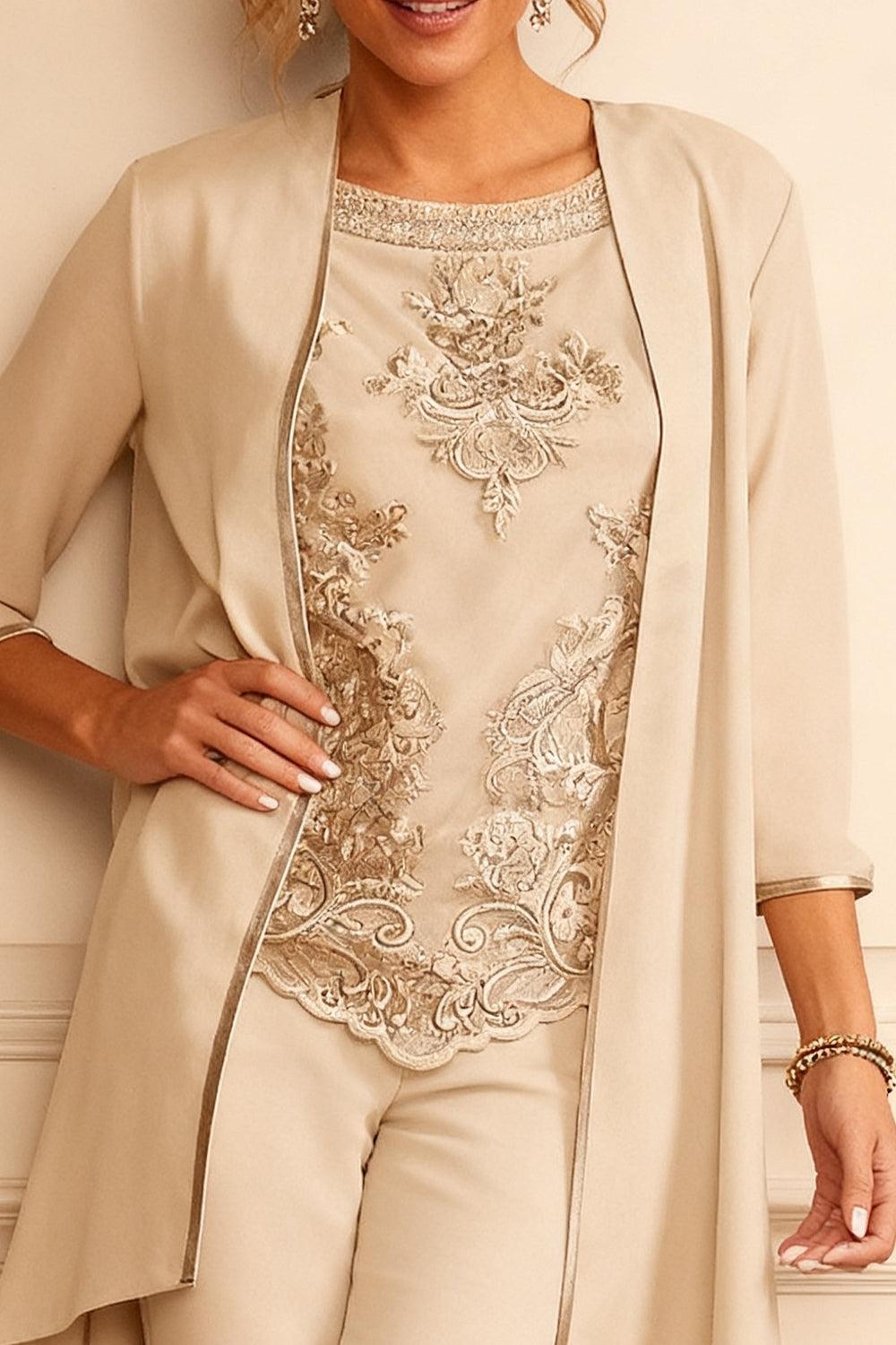 Dreamyannie Apricot Embroidered Round Neck 3 Piece Mother Of The Bride Pant Suits With Jacket