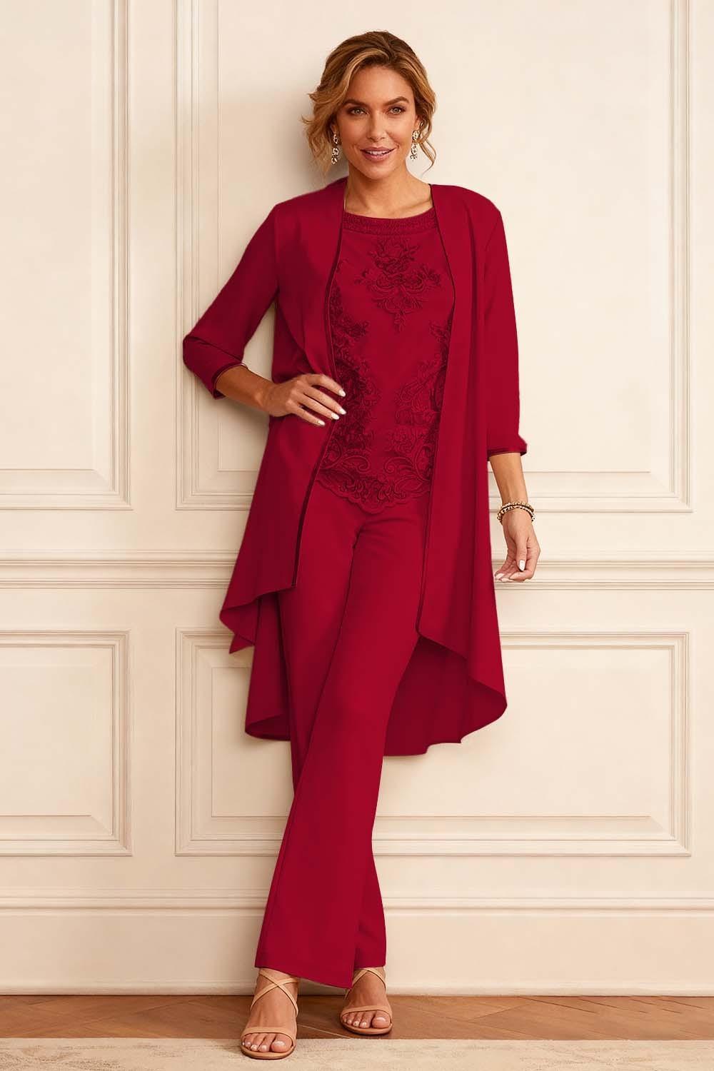 Dreamyannie Apricot Embroidered Round Neck 3 Piece Mother Of The Bride Pant Suits With Jacket