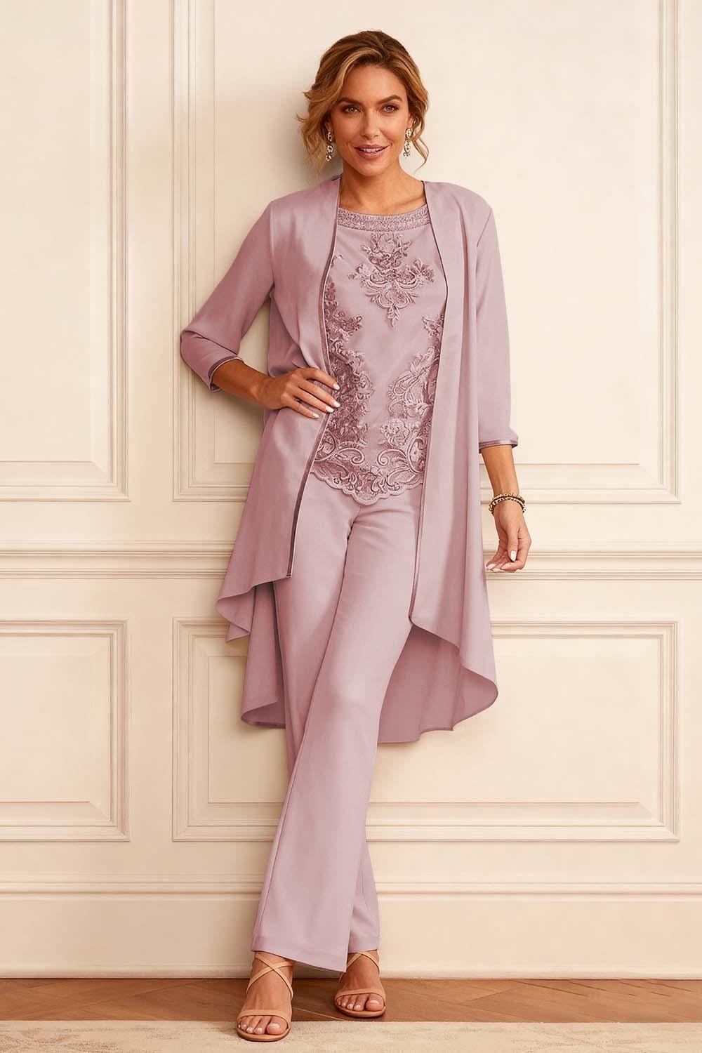 Dreamyannie Apricot Embroidered Round Neck 3 Piece Mother Of The Bride Pant Suits With Jacket