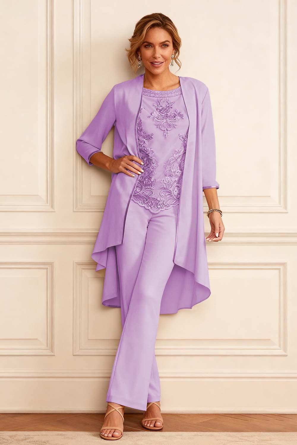 Dreamyannie Apricot Embroidered Round Neck 3 Piece Mother Of The Bride Pant Suits With Jacket