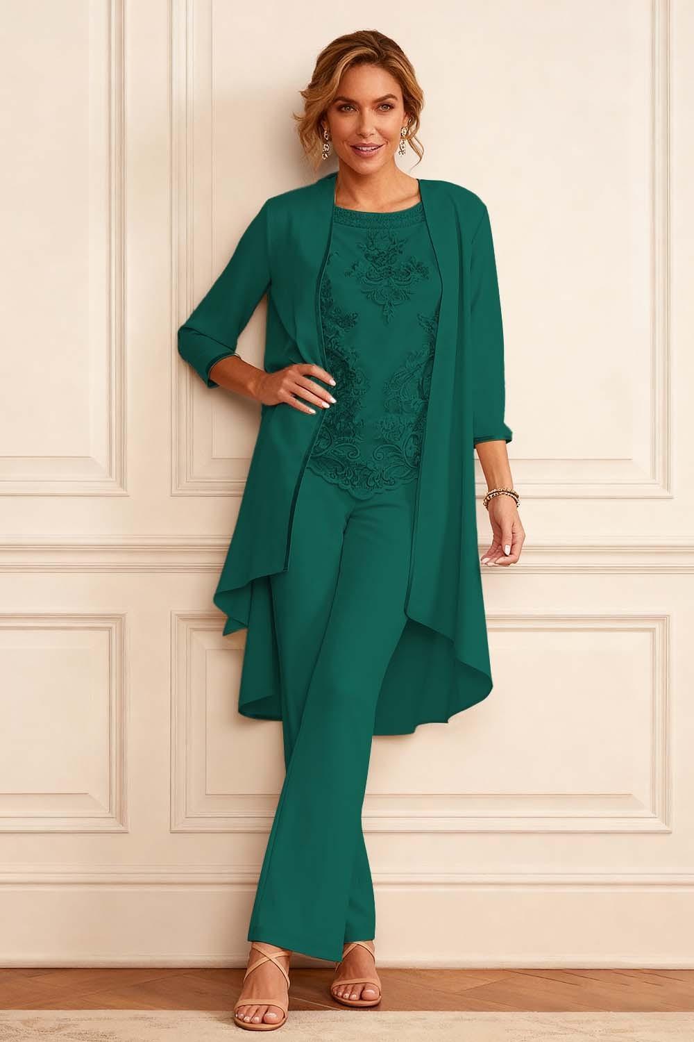Dreamyannie Apricot Embroidered Round Neck 3 Piece Mother Of The Bride Pant Suits With Jacket