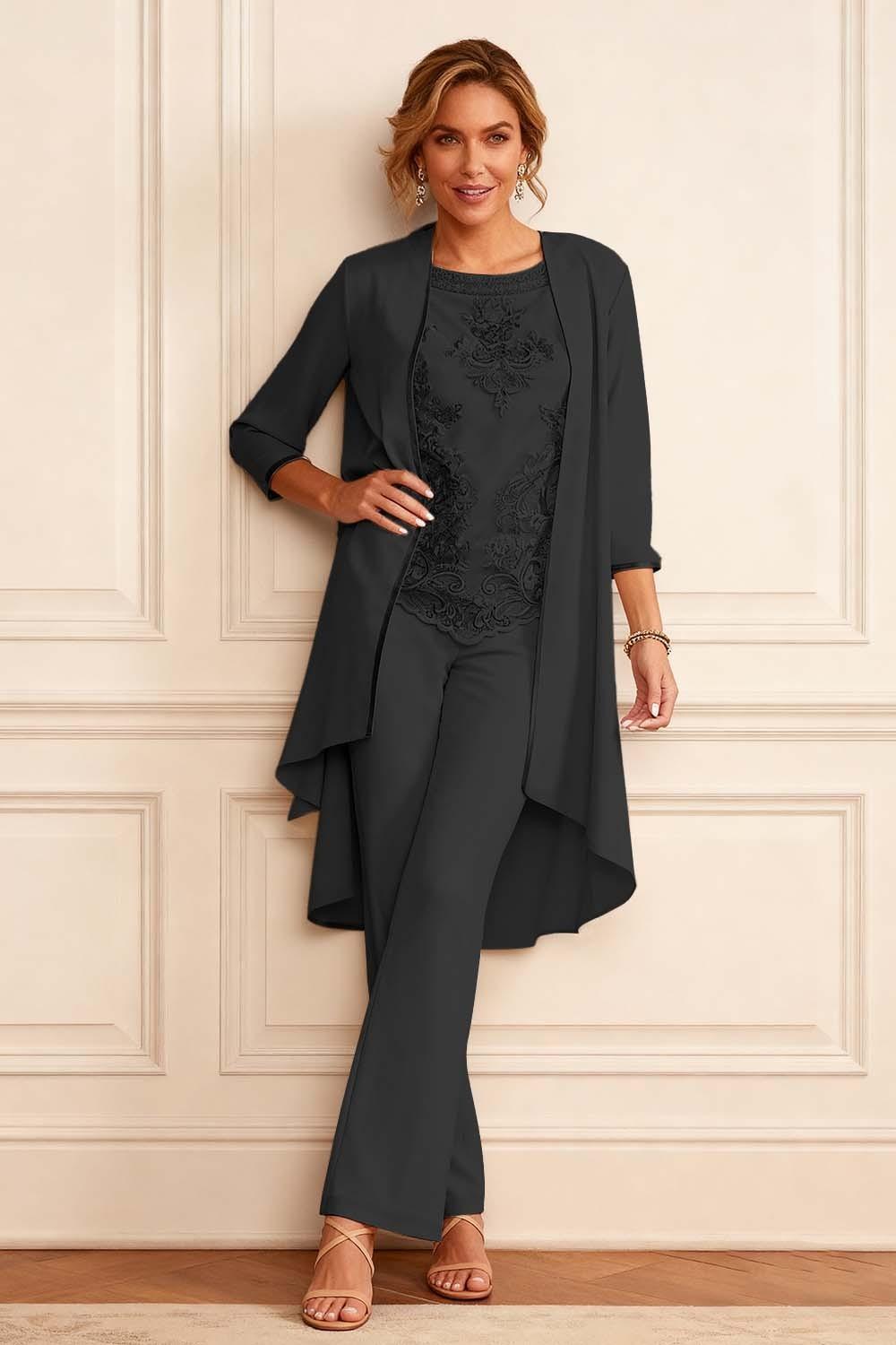 Dreamyannie Apricot Embroidered Round Neck 3 Piece Mother Of The Bride Pant Suits With Jacket
