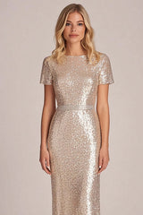 Dreamyannie Apricot Wedding Guest Dress Sheath Long Formal Dress With Short Sleeves