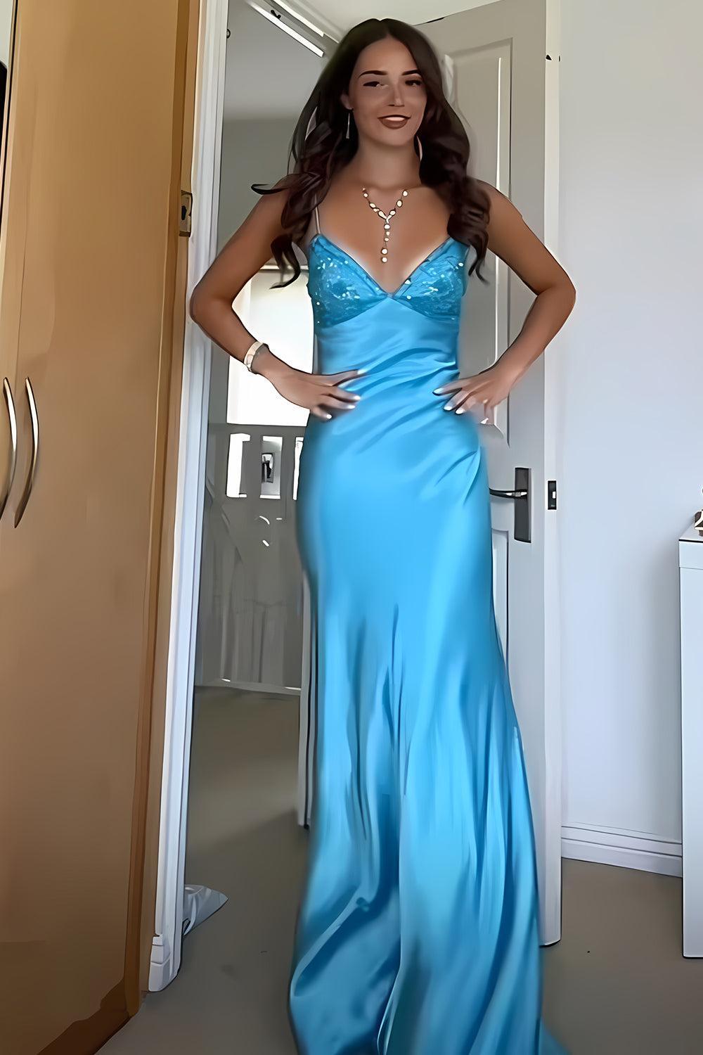Dreamyannie Aqua Blue Spaghetti Strap Long Satin Prom Dress With Lace Bodice Formal Evening Gown