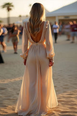 Dreamyannie Asymmetrical Length Apricot Wedding Guest Dress Ruffled Formal Dress With Long Sleeves