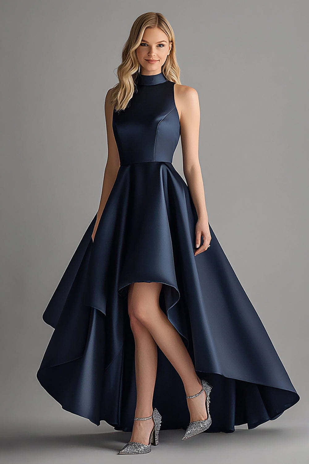 Dreamyannie Asymmetrical Navy Wedding Guest Dress A Line High-Low Formal Dress