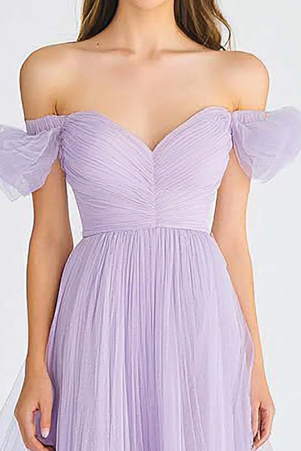Dreamyannie Asymmetrical Off The Shoulder Lilac Tulle Long Formal Dress