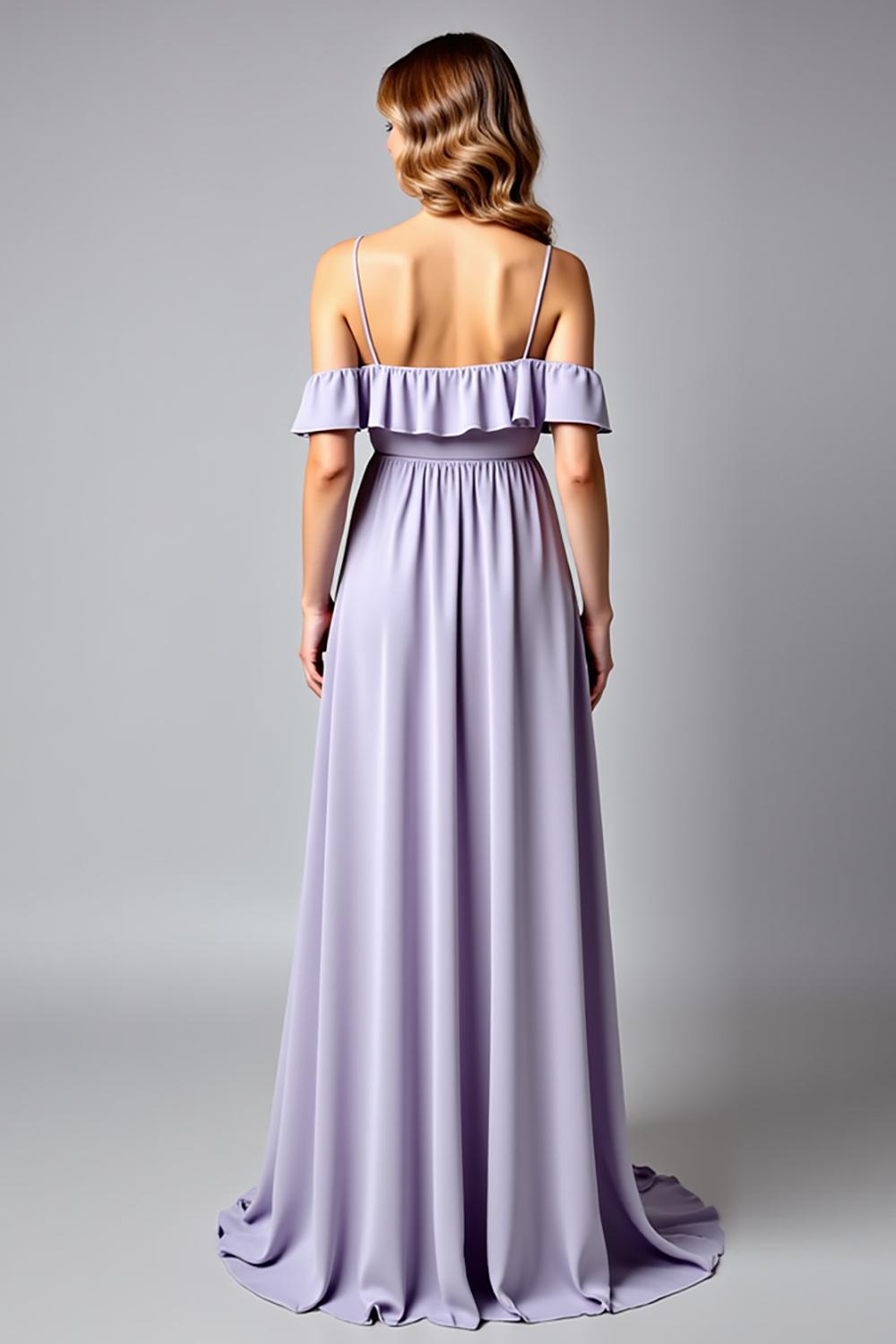 Dreamyannie Backless Ruched Lilac V-Neck Long Formal Dress