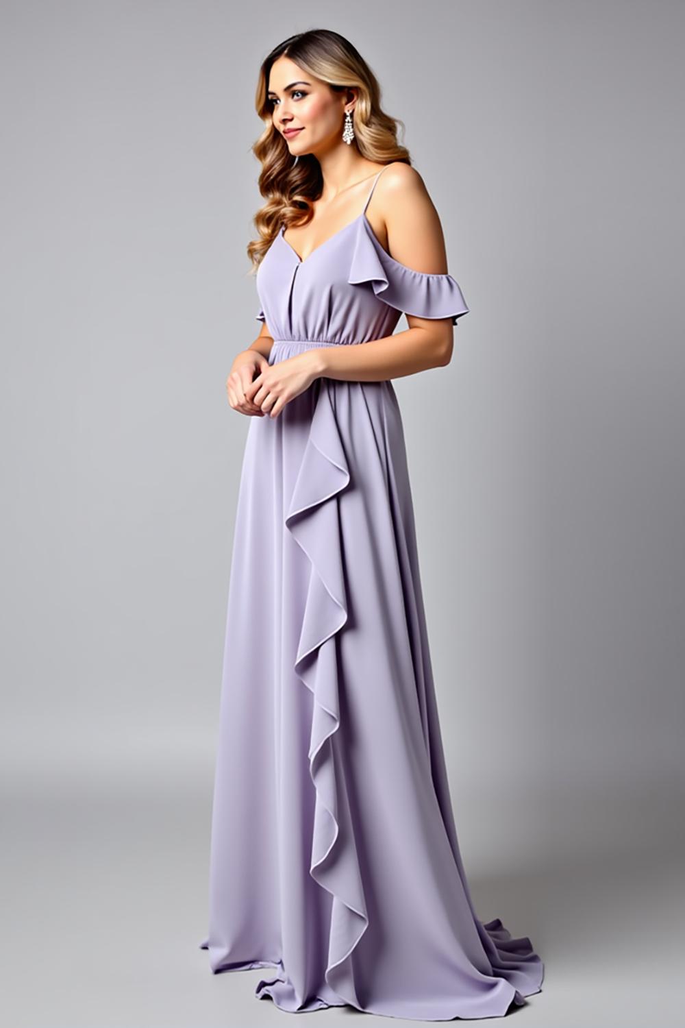 Dreamyannie Backless Ruched Lilac V-Neck Long Formal Dress