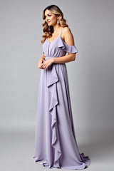 Dreamyannie Backless Ruched Lilac V-Neck Long Formal Dress