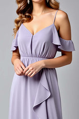 Dreamyannie Backless Ruched Lilac V-Neck Long Formal Dress