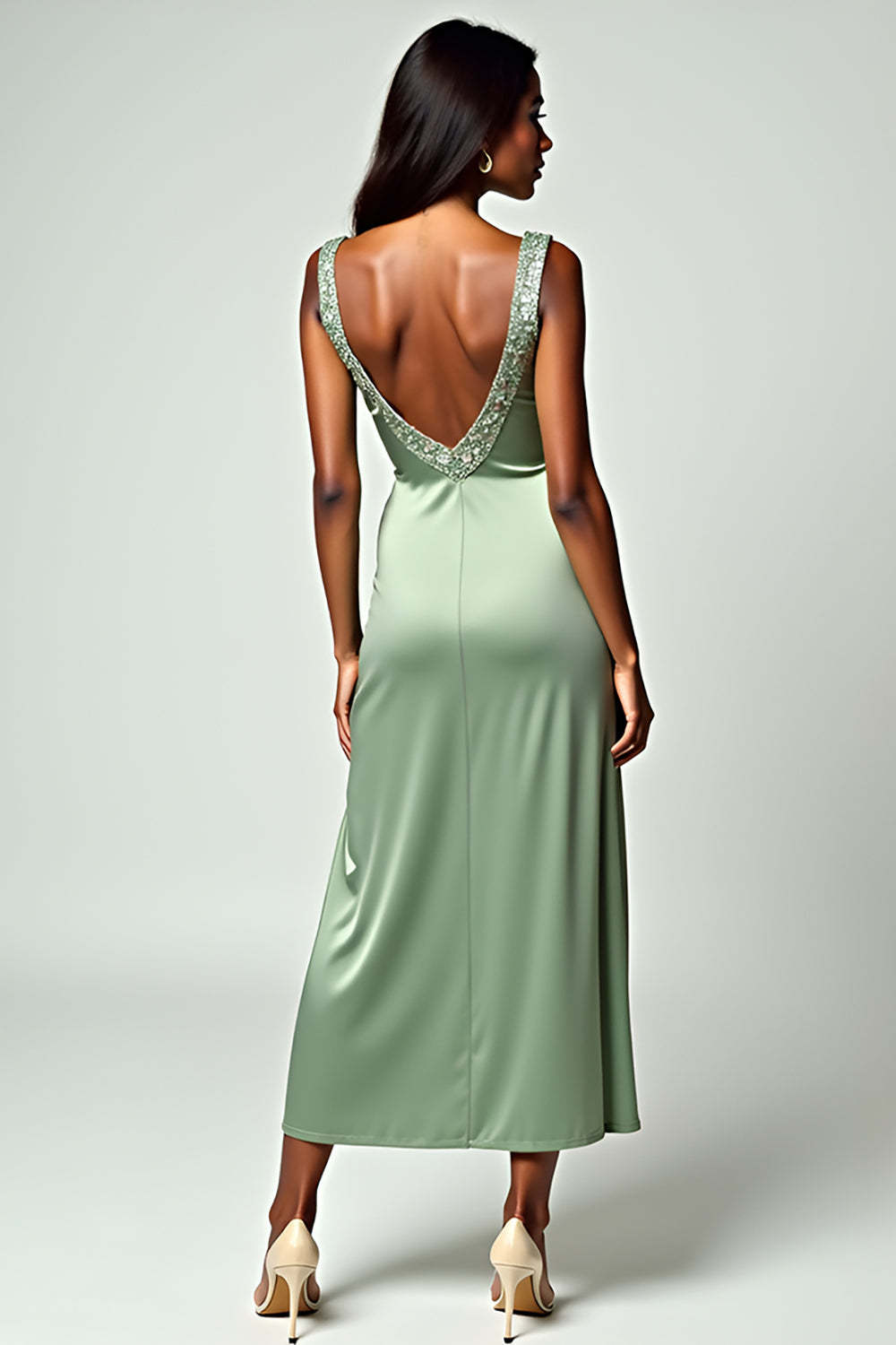 Dreamyannie Backless Tea-Length Column Dusty Sage Wedding Guest Dress Formal Dress With Beading
