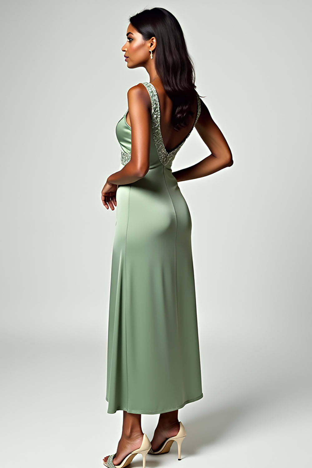 Dreamyannie Backless Tea-Length Column Dusty Sage Wedding Guest Dress Formal Dress With Beading