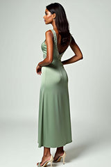 Dreamyannie Backless Tea-Length Column Dusty Sage Wedding Guest Dress Formal Dress With Beading