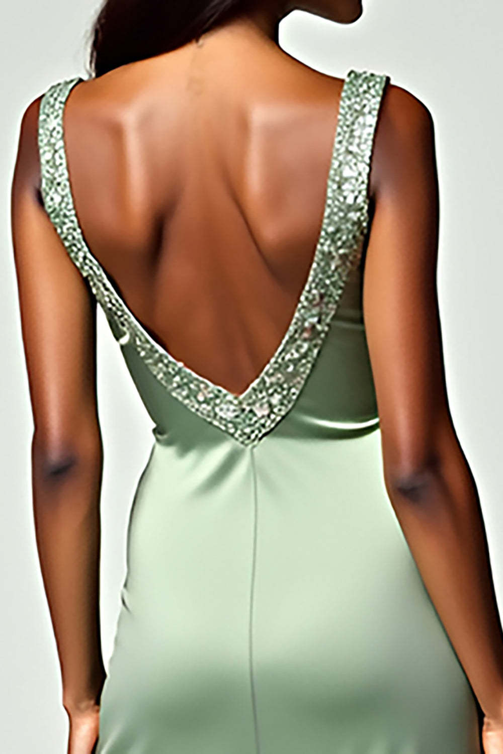 Dreamyannie Backless Tea-Length Column Dusty Sage Wedding Guest Dress Formal Dress With Beading