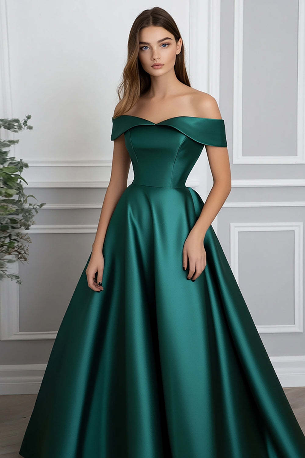 Dreamyannie Ball Gown Satin Dark Green Wedding Guest Dress Long Formal Dress