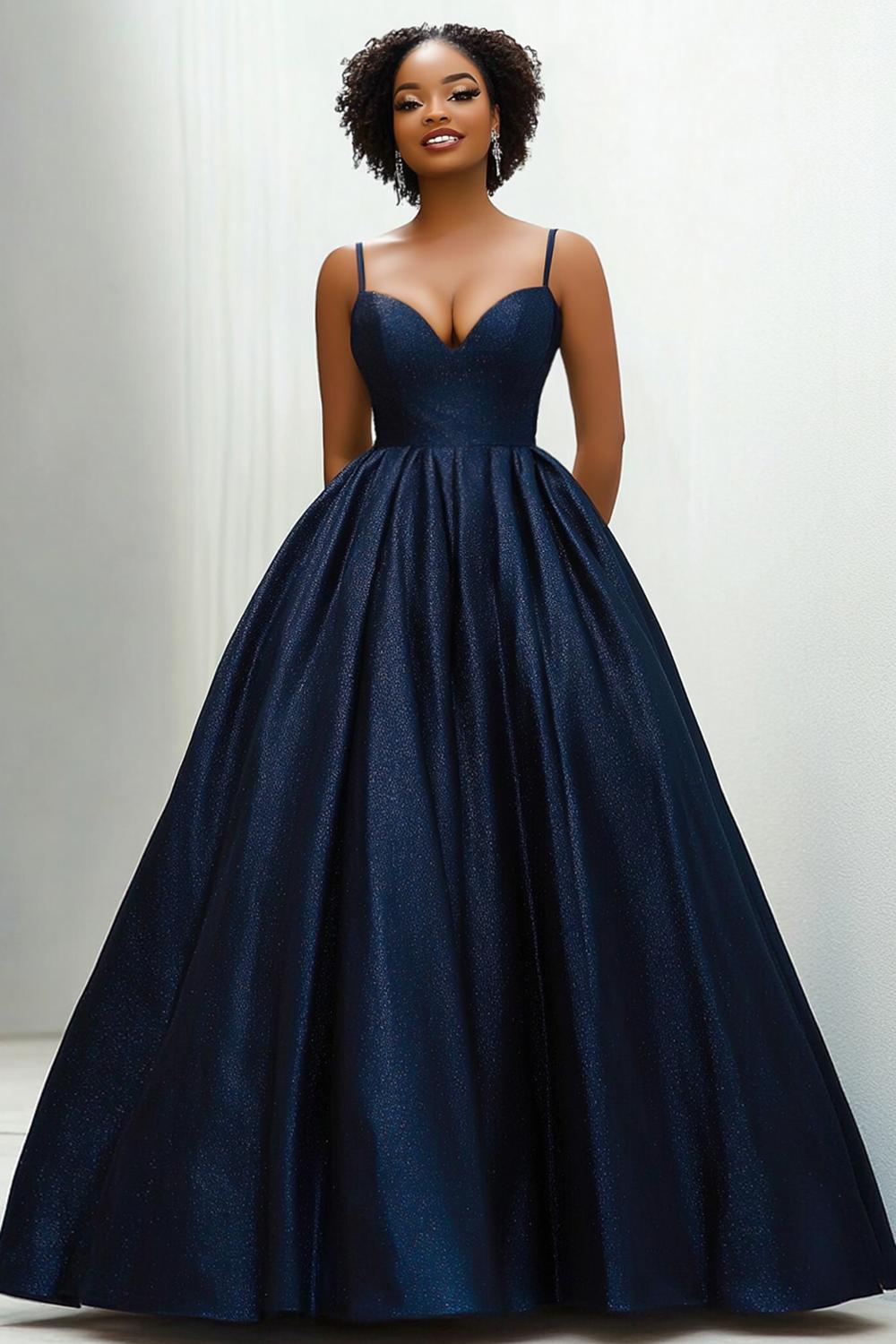 Dreamyannie Ball Gown Sweetheart Navy Wedding Guest Dress Spaghetti Straps Long Satin Formal Dress With Pockets