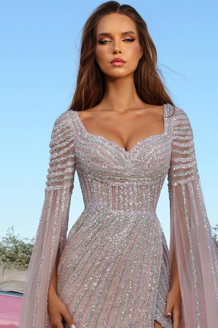 Dreamyannie Beaded Cap Sleeve Prom Dress Sheath Evening Dress with Slit