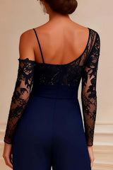 Dreamyannie Beaded Navy Lace Long Mother Of The Bride Jumpsuits