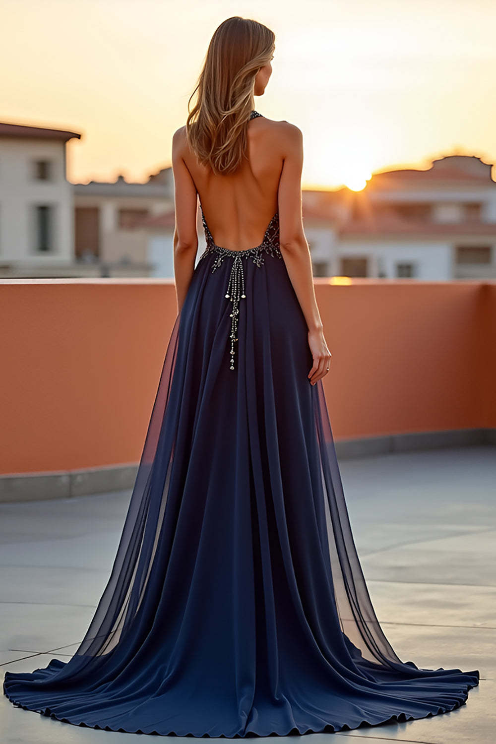Dreamyannie Beaded Navy Wedding Guest Dress Halter Long Formal Dress With Embroideries