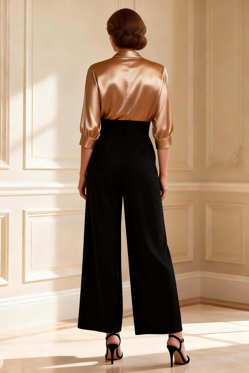 Dreamyannie Black And Champagne Satin V Neck Ruched Long Mother Of The Bride Jumpsuits