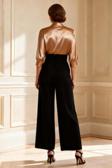 Dreamyannie Black And Champagne Satin V Neck Ruched Long Mother Of The Bride Jumpsuits