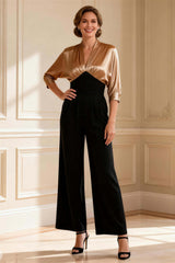 Dreamyannie Black And Champagne Satin V Neck Ruched Long Mother Of The Bride Jumpsuits