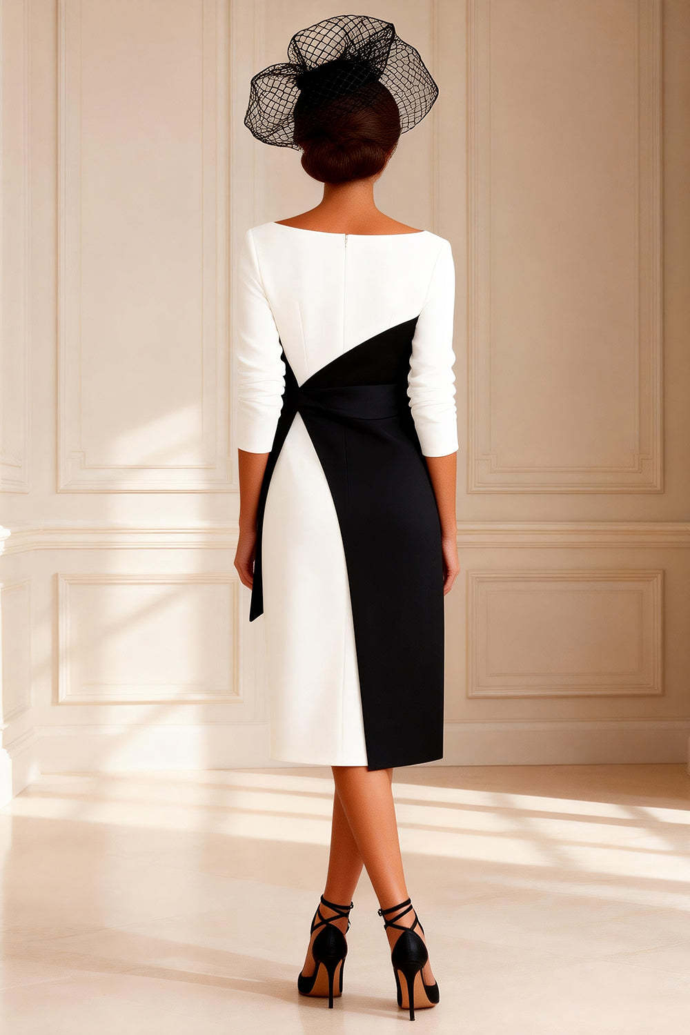 Dreamyannie Black And White Bodycon Boat Neck Midi Mother Of The Bride Dress With Sleeves