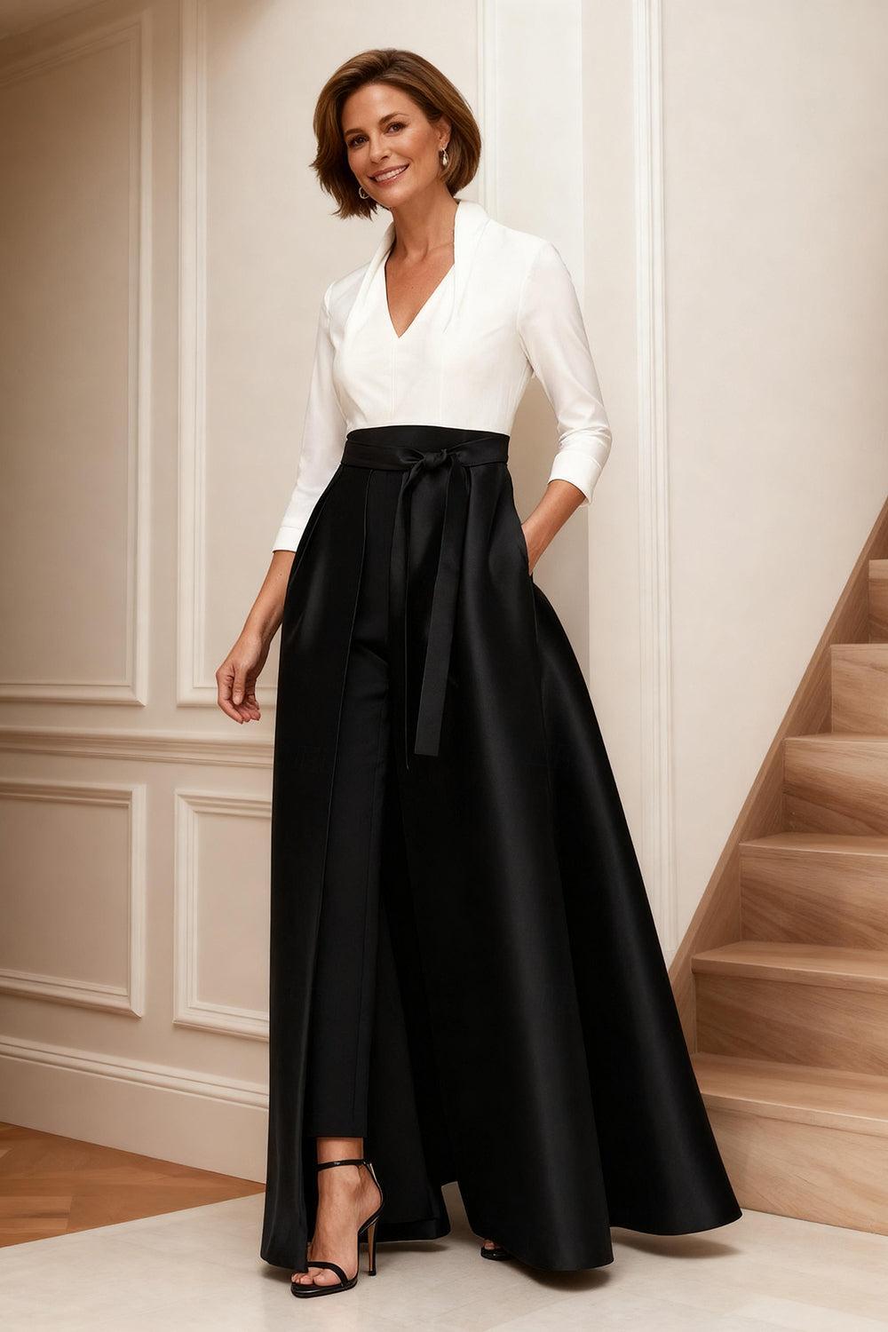 Dreamyannie Black And White Lapel Floor Length Mother Of The Bride Jumpsuits