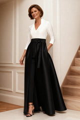 Dreamyannie Black And White Lapel Floor Length Mother Of The Bride Jumpsuits