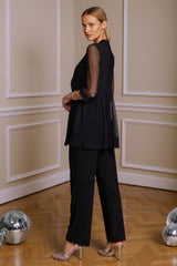 Dreamyannie Black Beaded Boat Neck 3 Piece Mother Of The Bride Pant Suits With Jacket