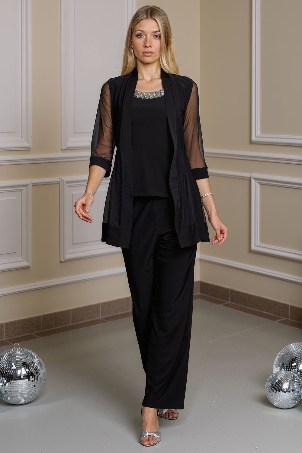 Dreamyannie Black Beaded Boat Neck 3 Piece Mother Of The Bride Pant Suits With Jacket