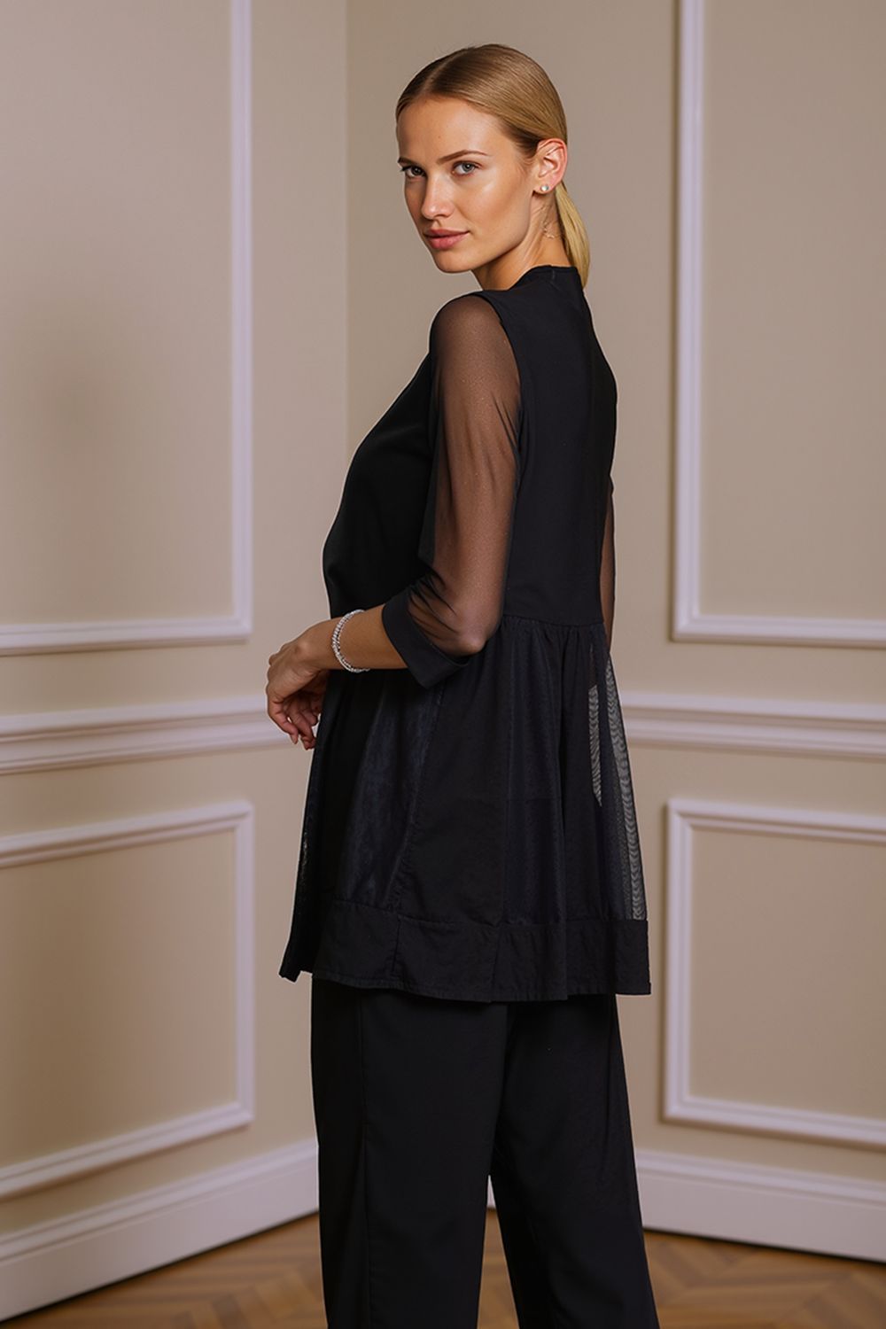 Dreamyannie Black Beaded Boat Neck 3 Piece Mother Of The Bride Pant Suits With Jacket